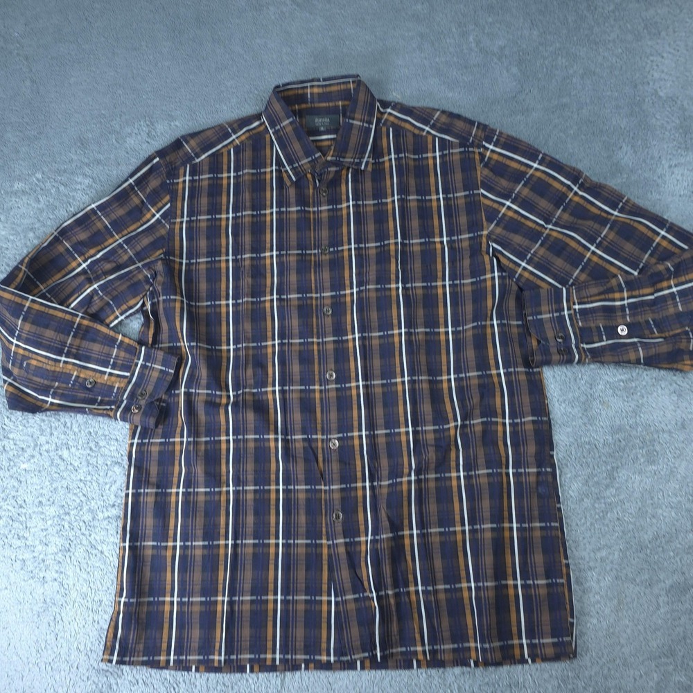 Zanella Shirt Mens XL Blue Brown Plaid Long Sleeve Button Up Made Italy Cotton